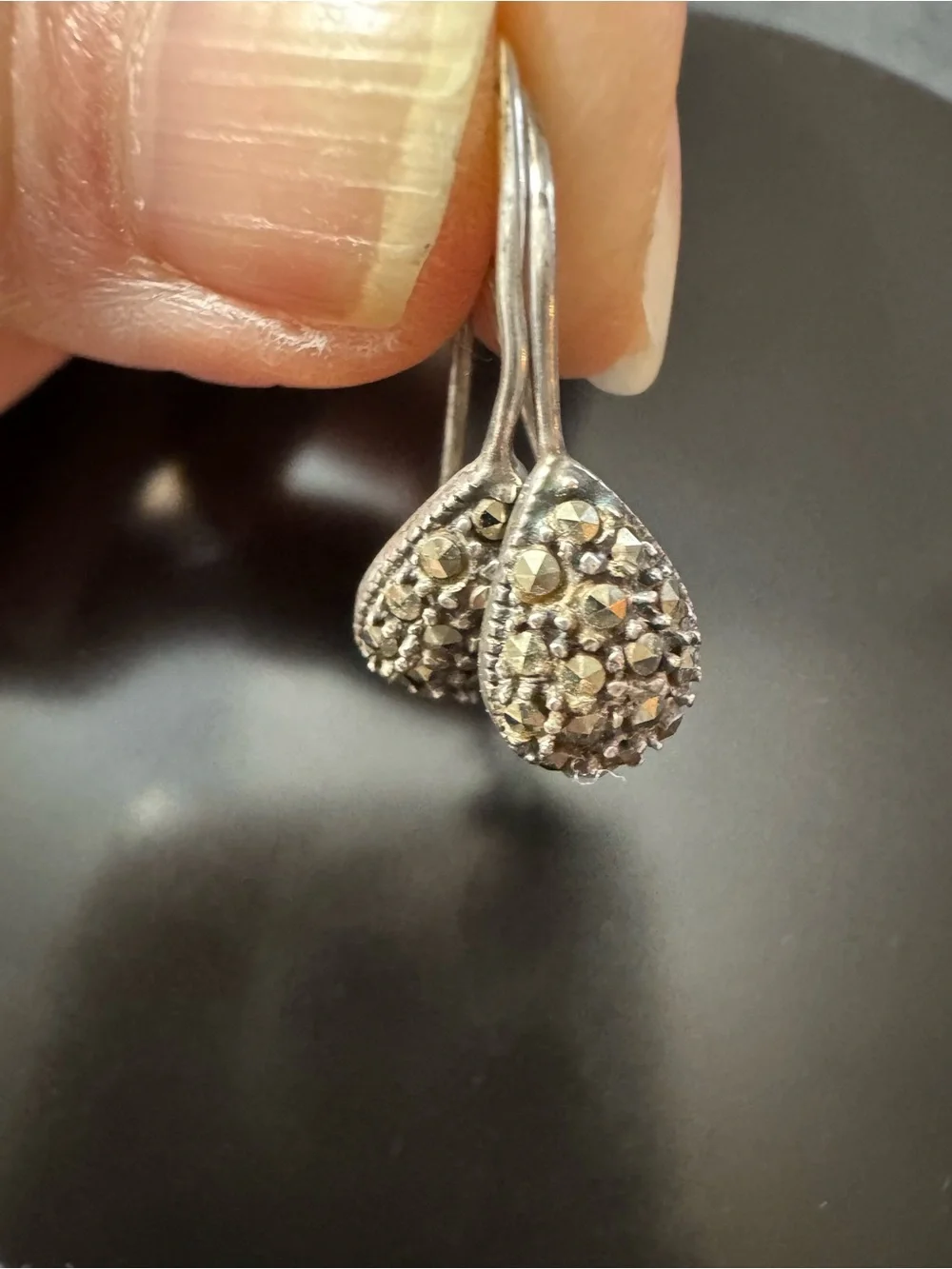 Sterling Silver Teardrop Marcasite Hook Earrings
